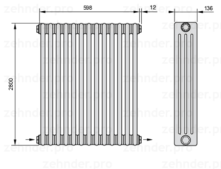 Схема (чертеж) Радиатор Zehnder Charleston 4280/13 №2670 Белый глянцевый RAL 9016